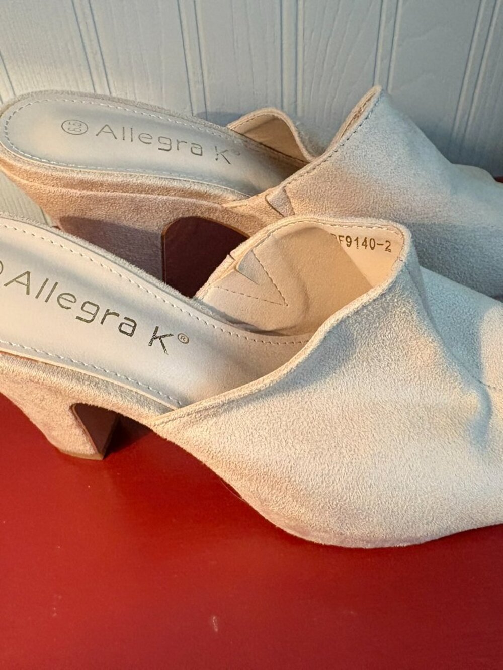 Allegra K  Taupe Faux Suede Slides with Peep Toes, 4" heels, size 8.5